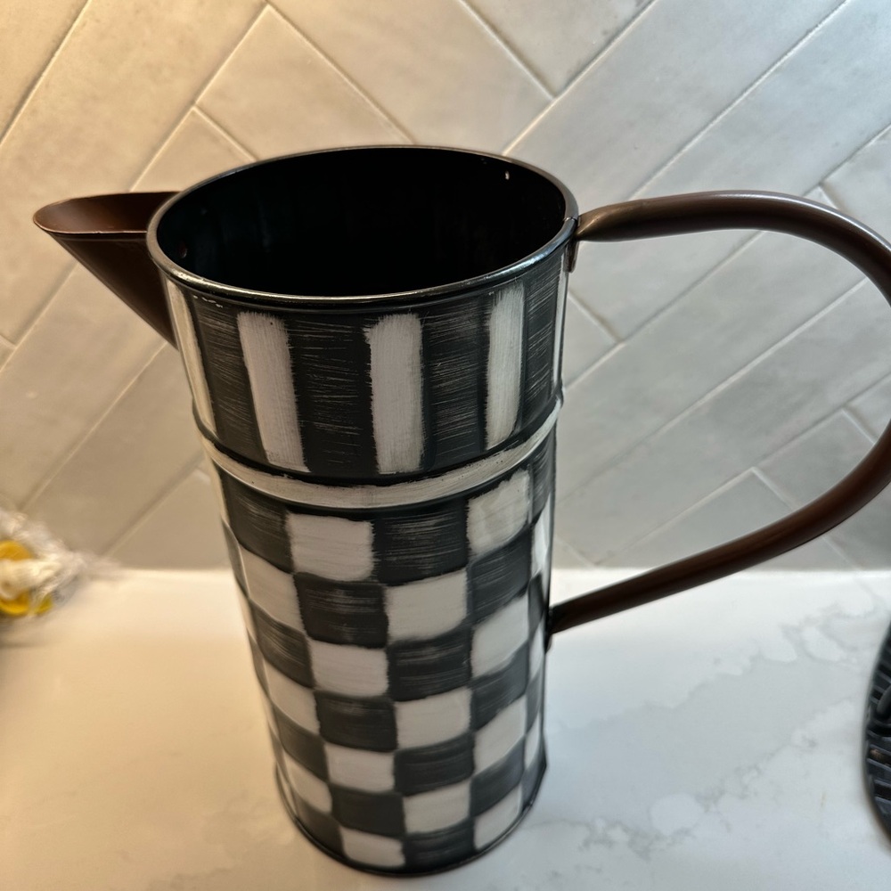 MacKenzie-Childs Black and White Checkered watering can with Brown Handle